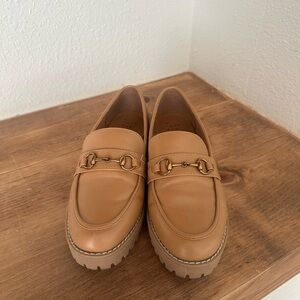 Tan Loafers with Gold Buckle Detail